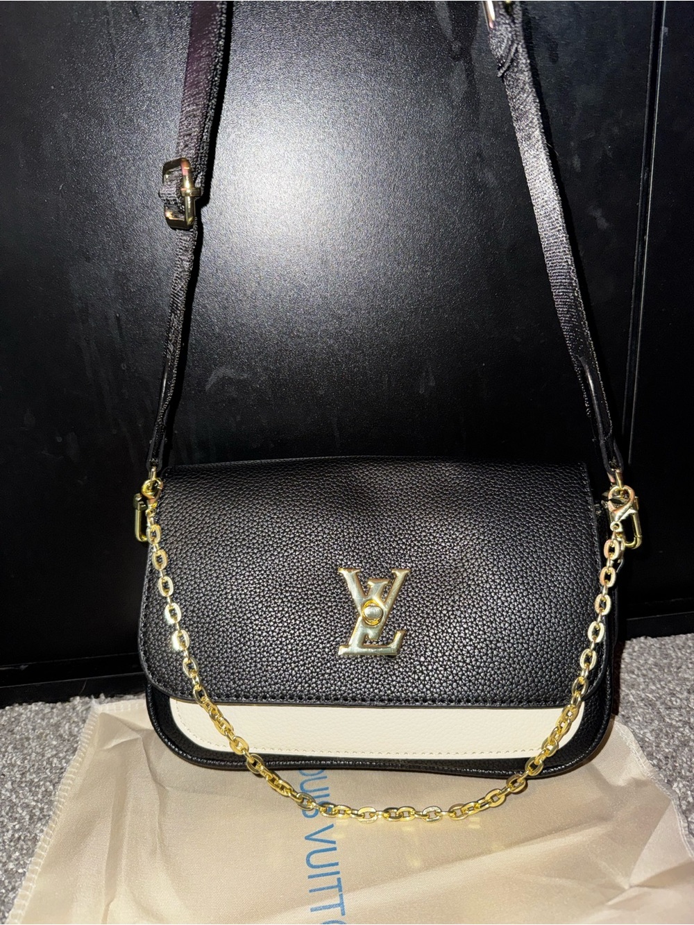 Louis Vuitton Black and Cream Two-Tone Shoulder Bag with Gold Chain
